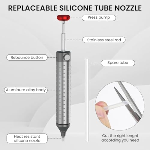 Serplex® Vacuum Desoldering Pump with 4PCS Cuttable Silicone Nozzle Tubes Aluminum Alloy Solder Sucker Removal Hand Tool for Soldering Welding Remover Serplex® Vacuum Desoldering Pump with 4PCS Cuttable Silicone Nozzle Tubes Aluminum Alloy Solder Sucker Removal Hand Tool for Soldering Welding Remover